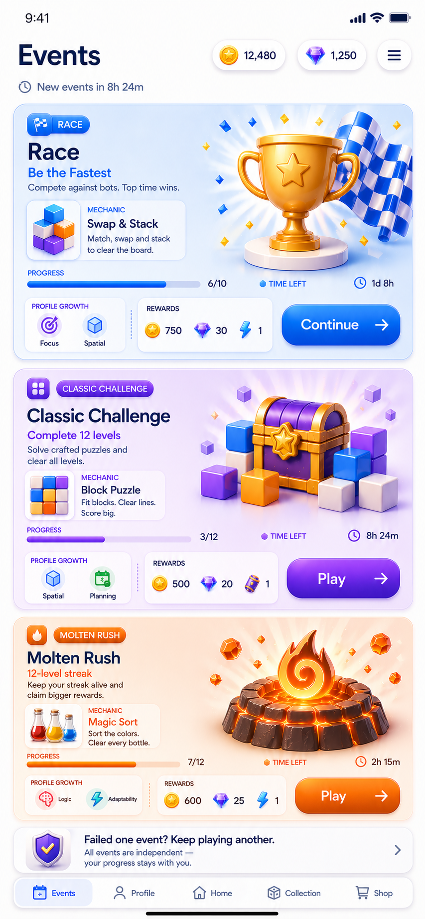 Puzzle Masters Events screen showing multiple event cards with different puzzle formats and rewards