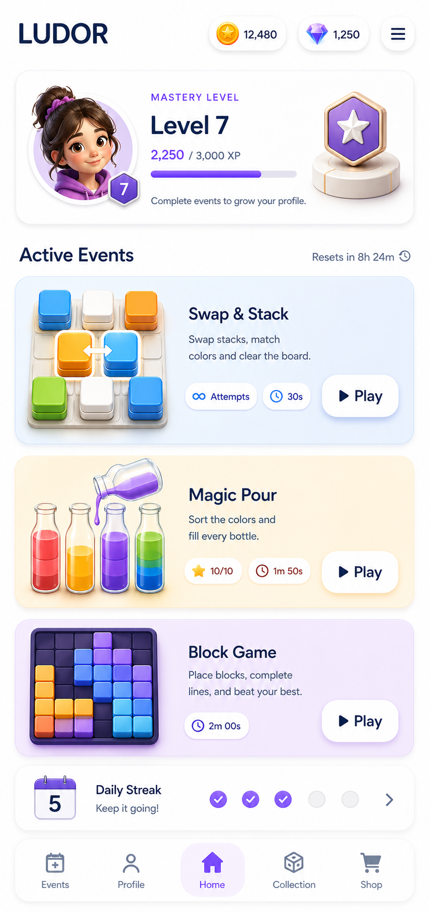 Puzzle Masters home screen showing a mastery level card and several puzzle event cards in one app